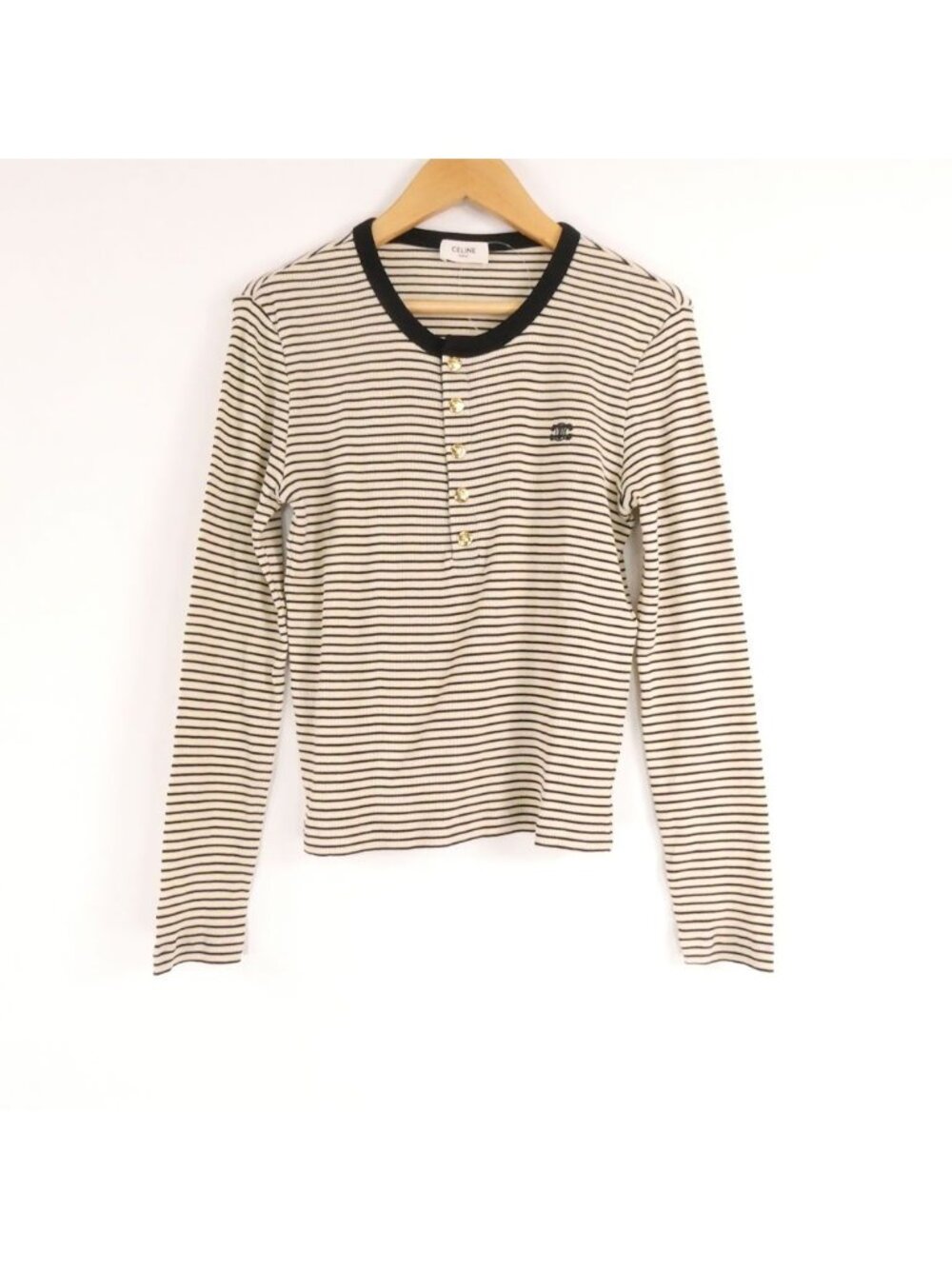 Celine Long Sleeve T-Shirt Cotton 100% Beige Navy Border